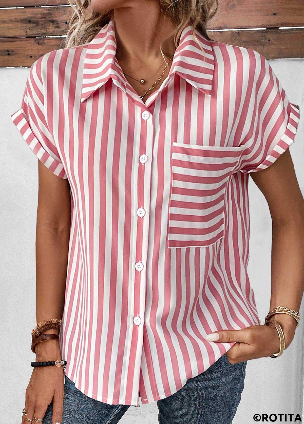 Pink tops,Striped tops,Geometric tops,ROTITA Pocket Striped Pink Shirt Collar Short Sleeve Blouse