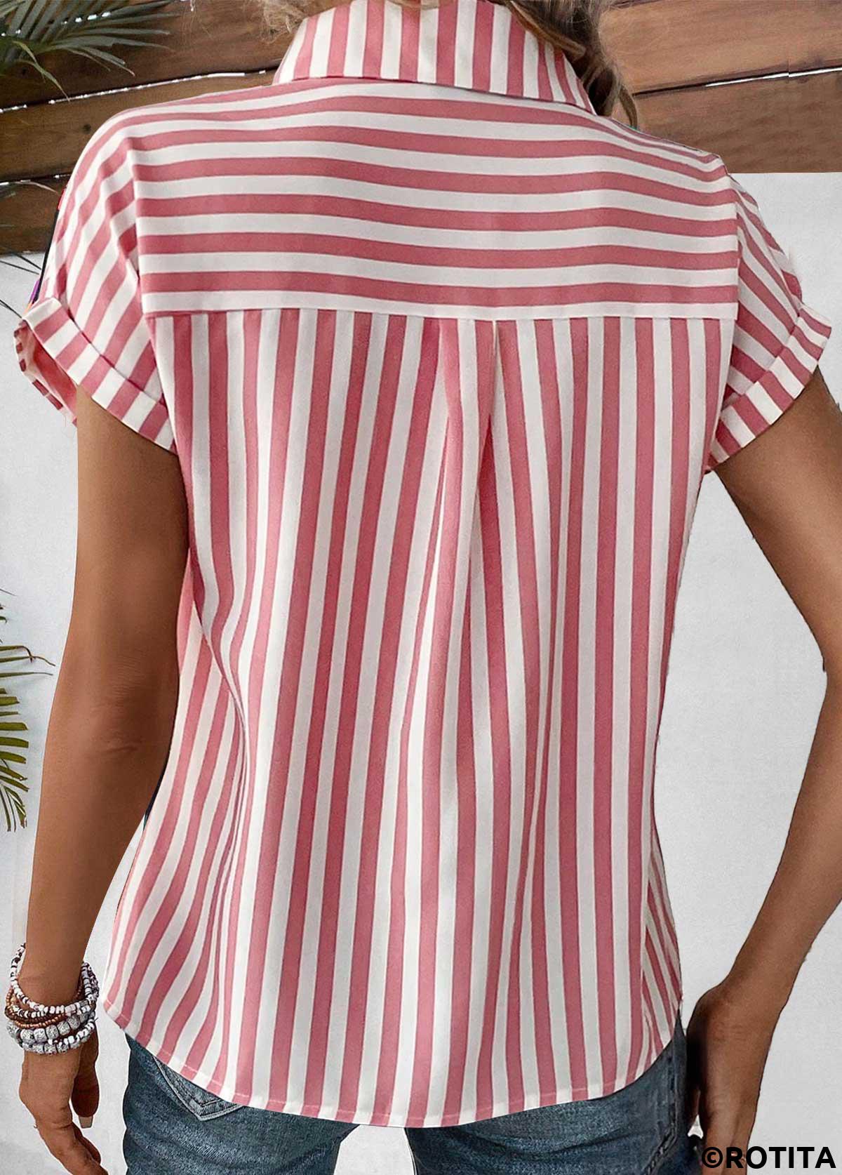 Pink tops,Striped tops,Geometric tops,ROTITA Pocket Striped Pink Shirt Collar Short Sleeve Blouse