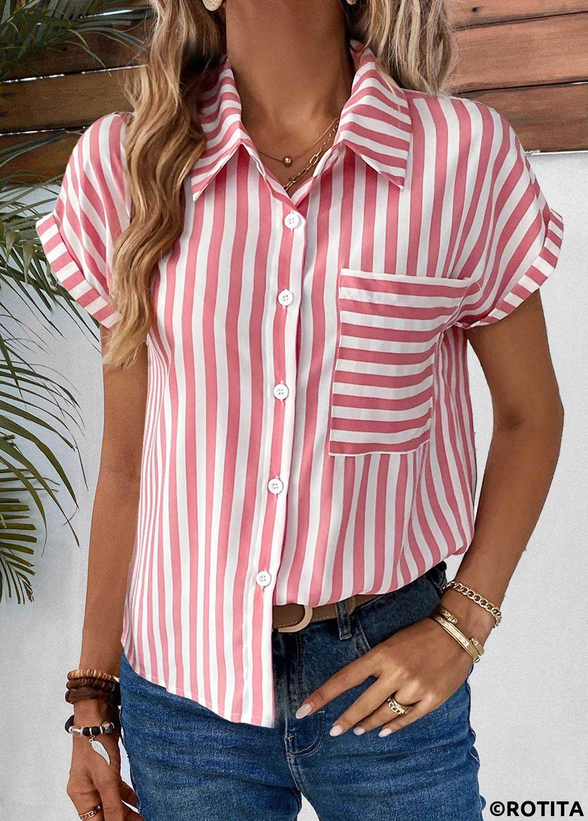 Pink tops,Striped tops,Geometric tops,ROTITA Pocket Striped Pink Shirt Collar Short Sleeve Blouse