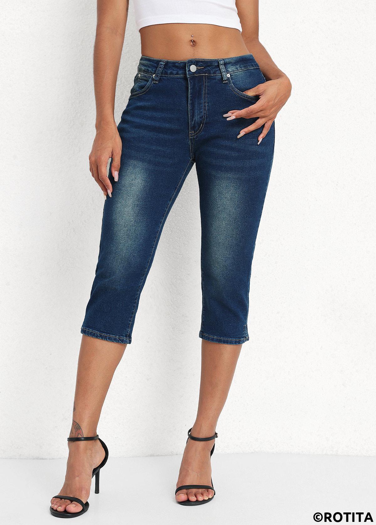 Denim Blue bottoms,Plain Color bottoms,Denim Blue Mid Waisted Button Fly Capri Leggings