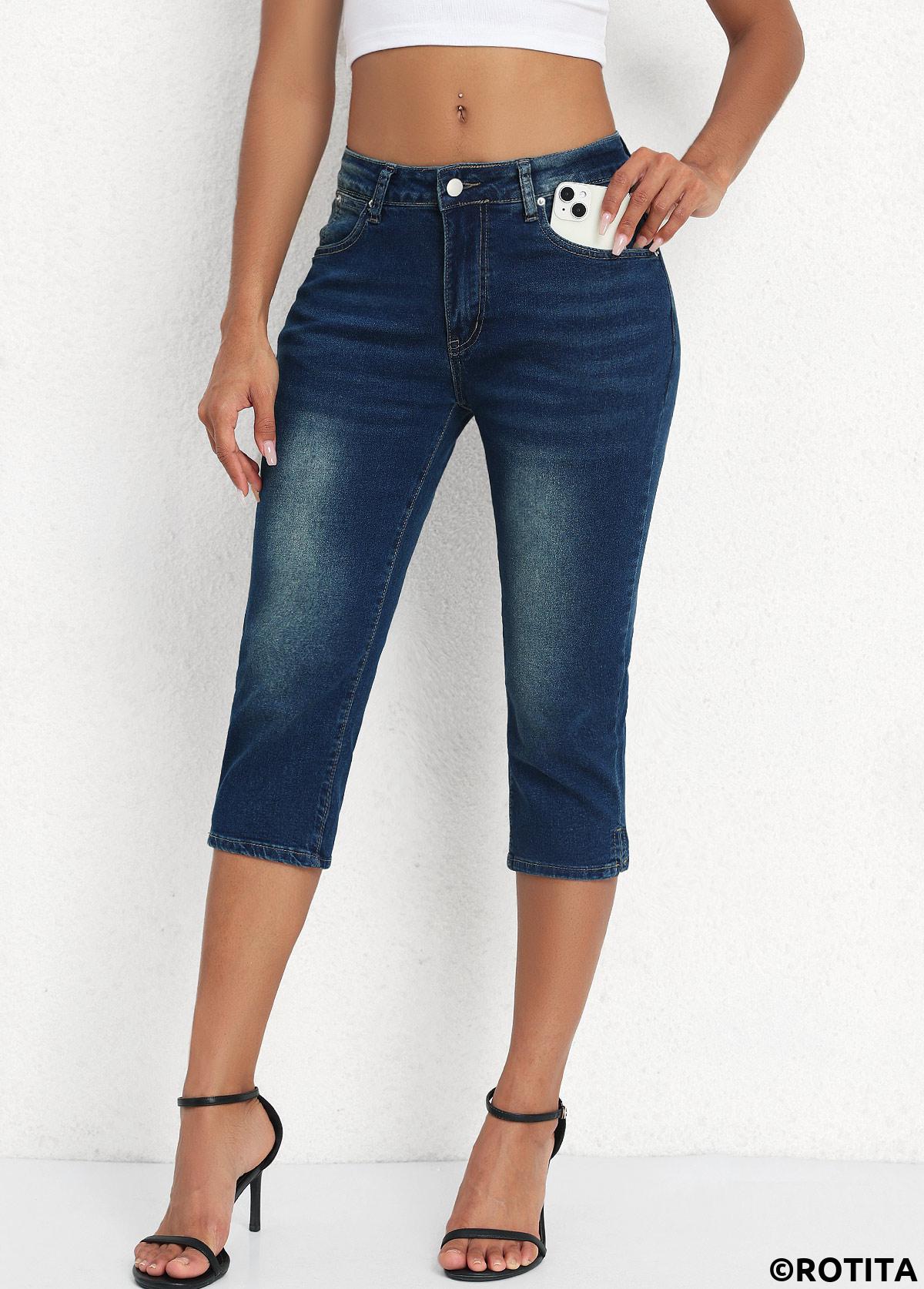 Denim Blue bottoms,Plain Color bottoms,Denim Blue Mid Waisted Button Fly Capri Leggings
