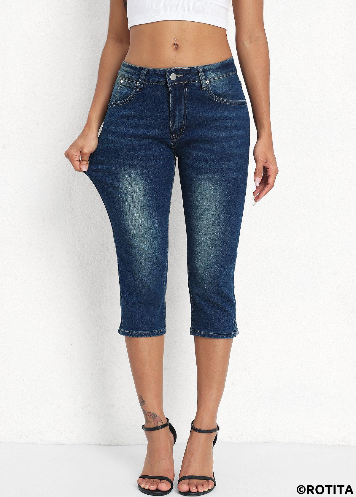 Denim Blue bottoms,Plain Color bottoms,Denim Blue Mid Waisted Button Fly Capri Leggings