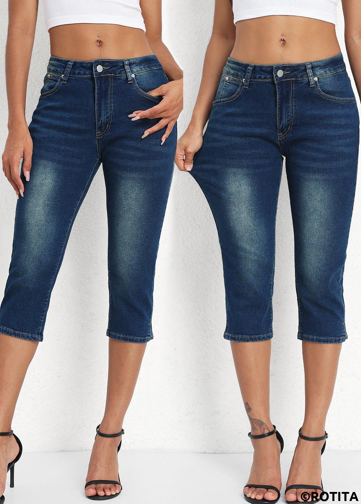 Denim Blue bottoms,Plain Color bottoms,Denim Blue Mid Waisted Button Fly Capri Leggings