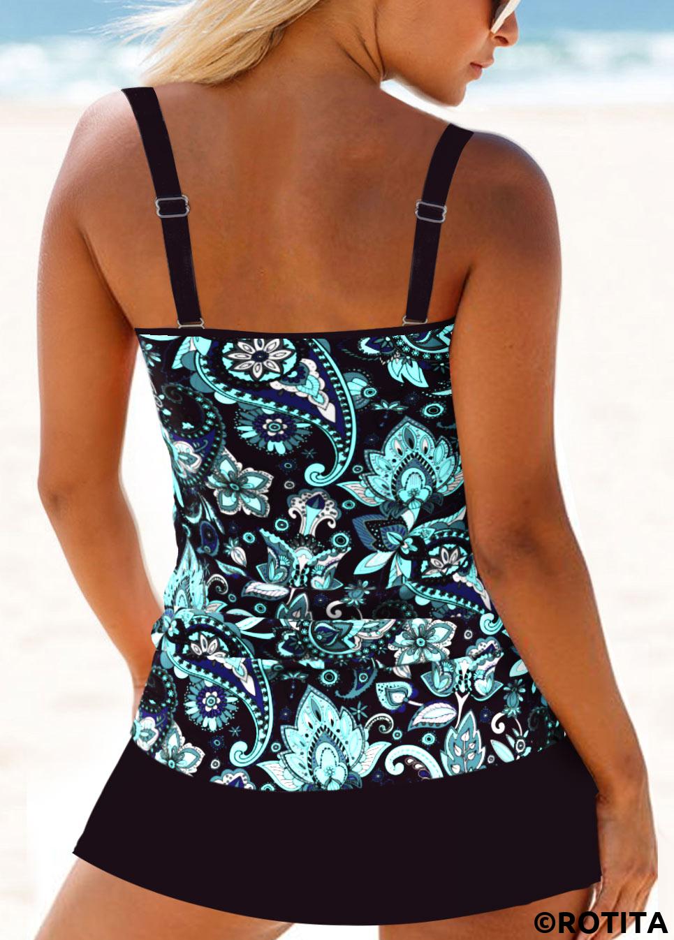 ROTITA Ensemble de tankini noir à imprimé cachemire avec anneau circulaire