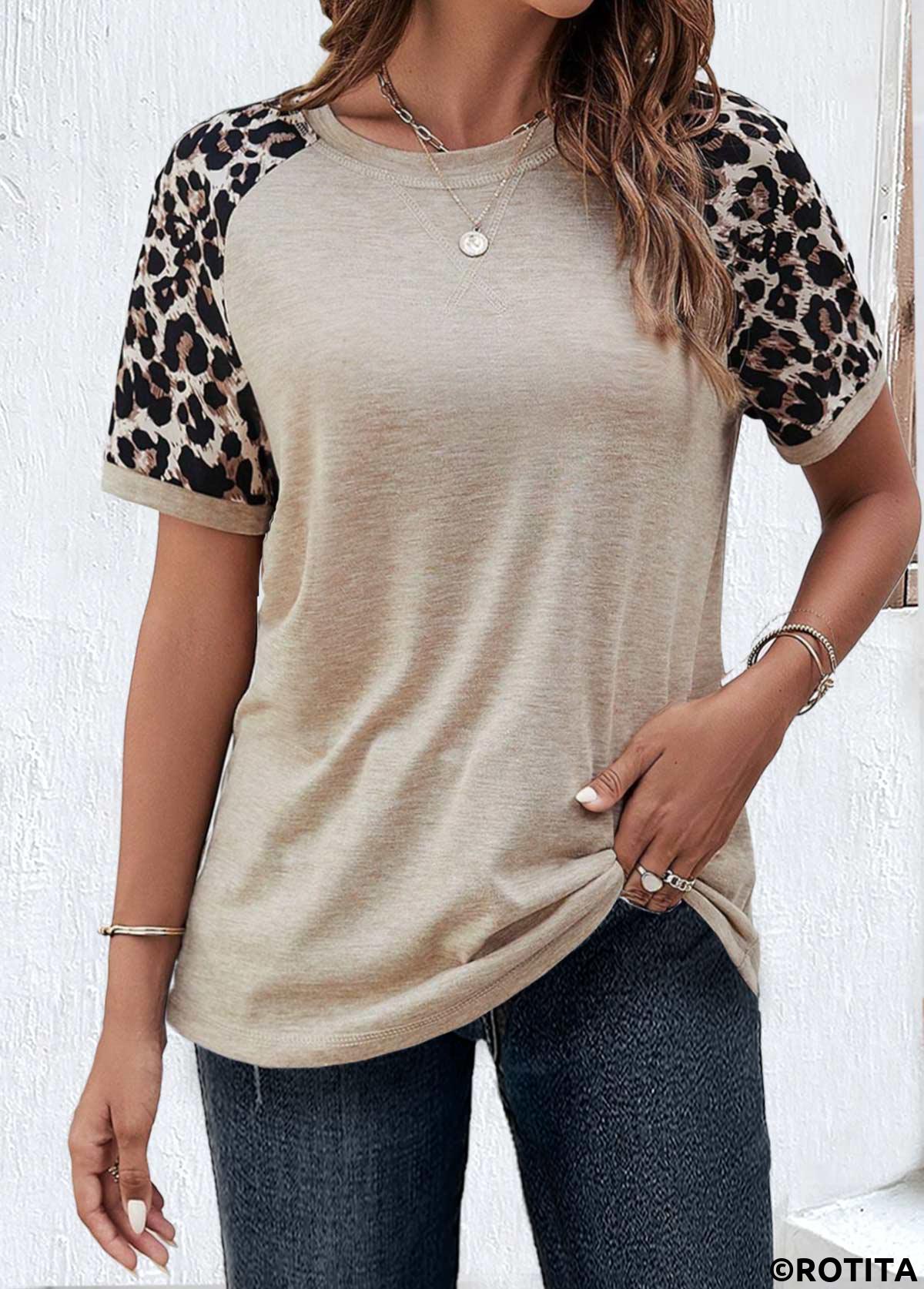 ROTITA Patchwork Leopard Light Camel Round Neck T Shirt