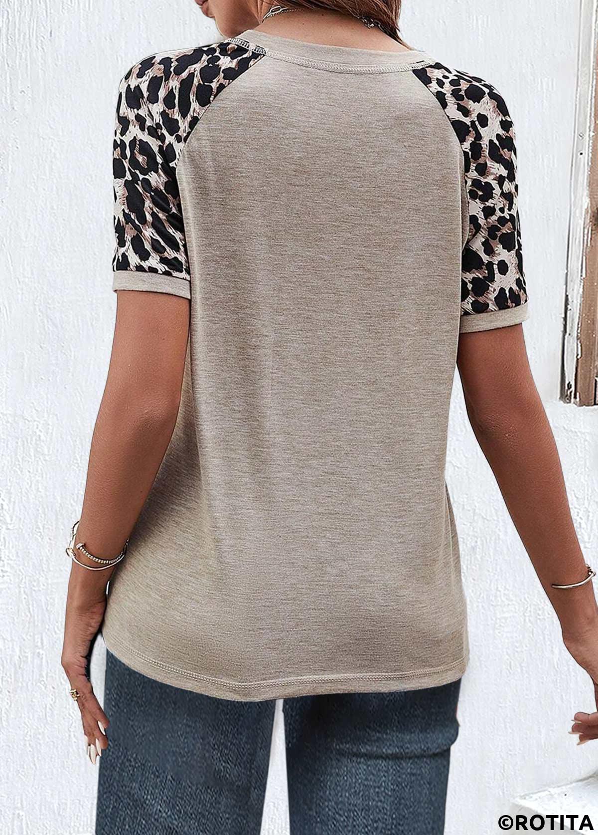 ROTITA Patchwork Leopard Light Camel Round Neck T Shirt