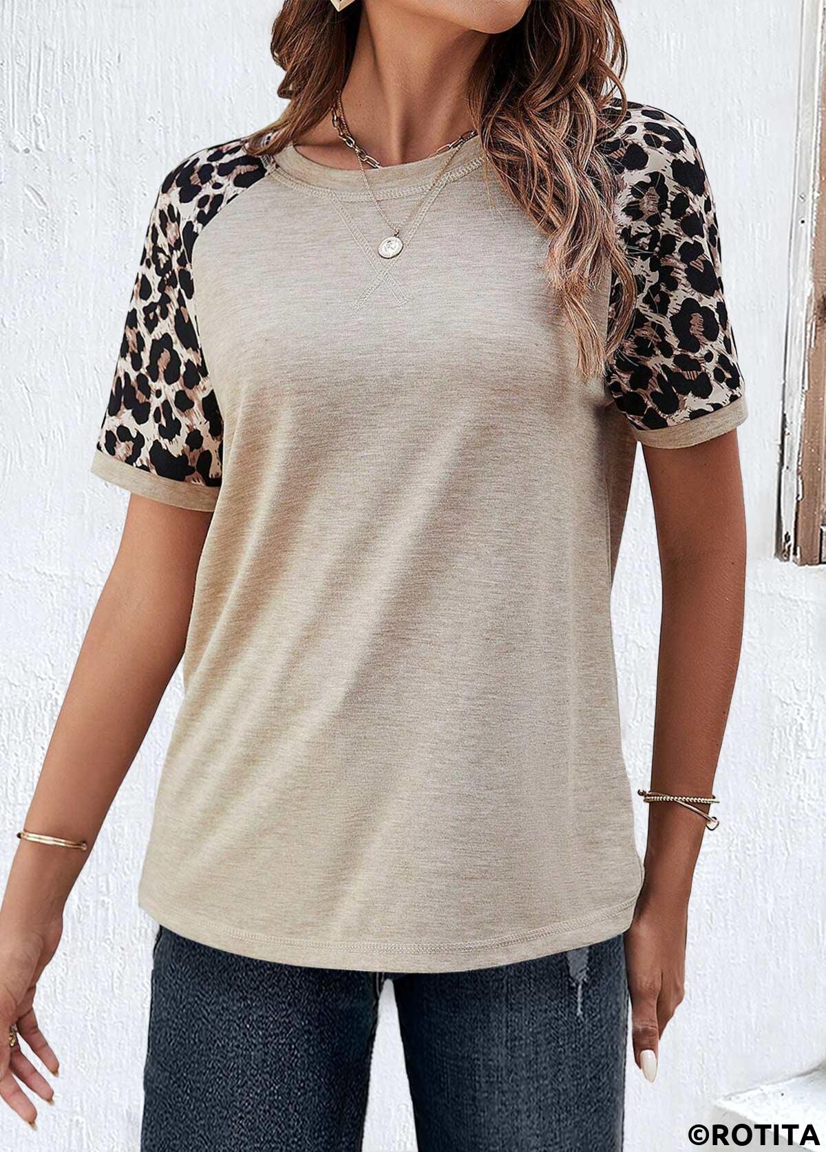 ROTITA Patchwork Leopard Light Camel Round Neck T Shirt