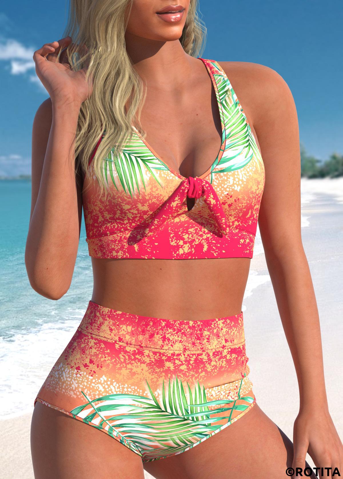 Multi Color swimwear,Plants swimwear,ROTITA Bowknot Multi Color Tropical Plants Print Bikini Set