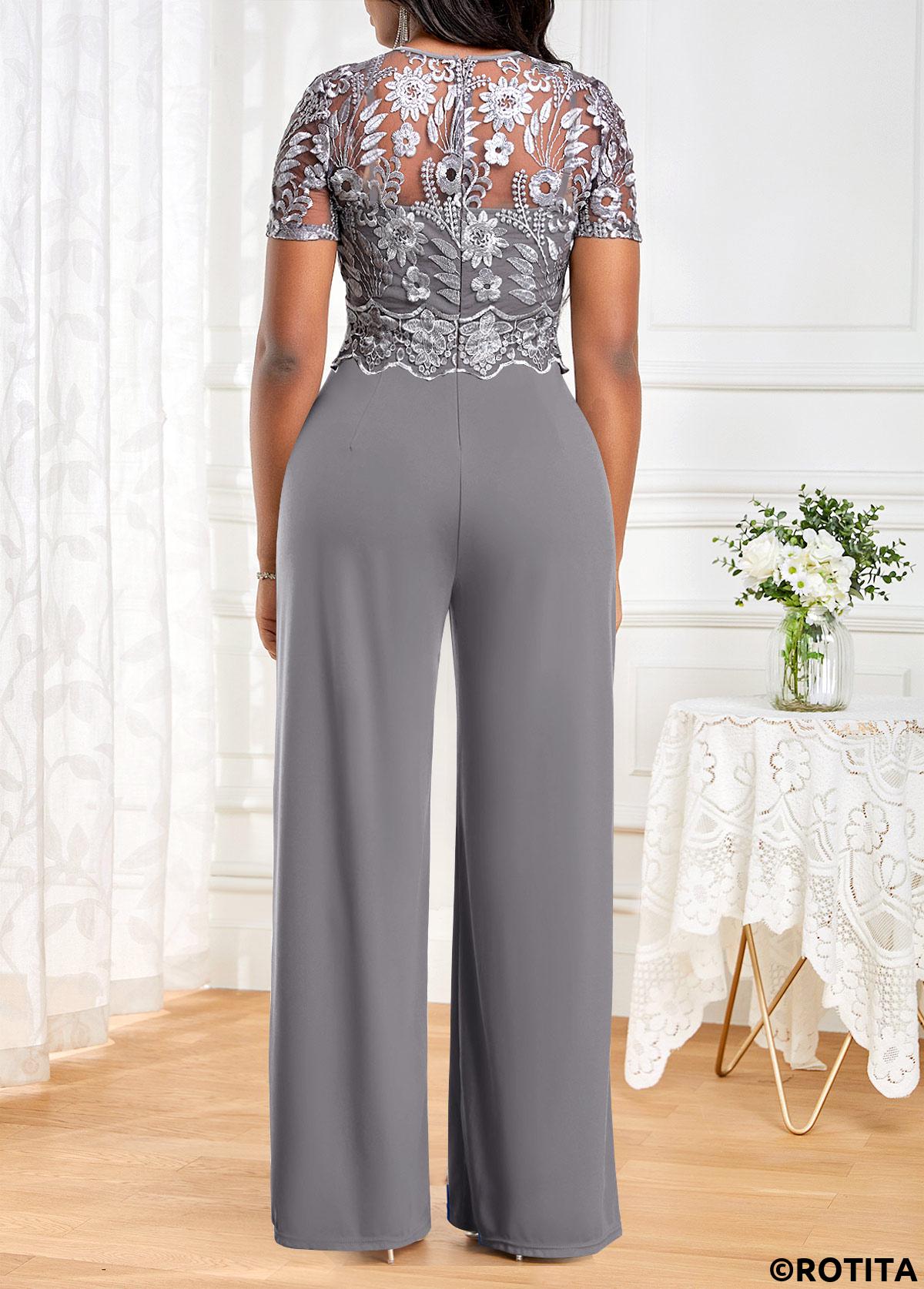 Grey jumpsuits&rompers,Plain Color jumpsuits&rompers,ROTITA Embroidery Grey Long Round Neck Short Sleeve Jumpsuit