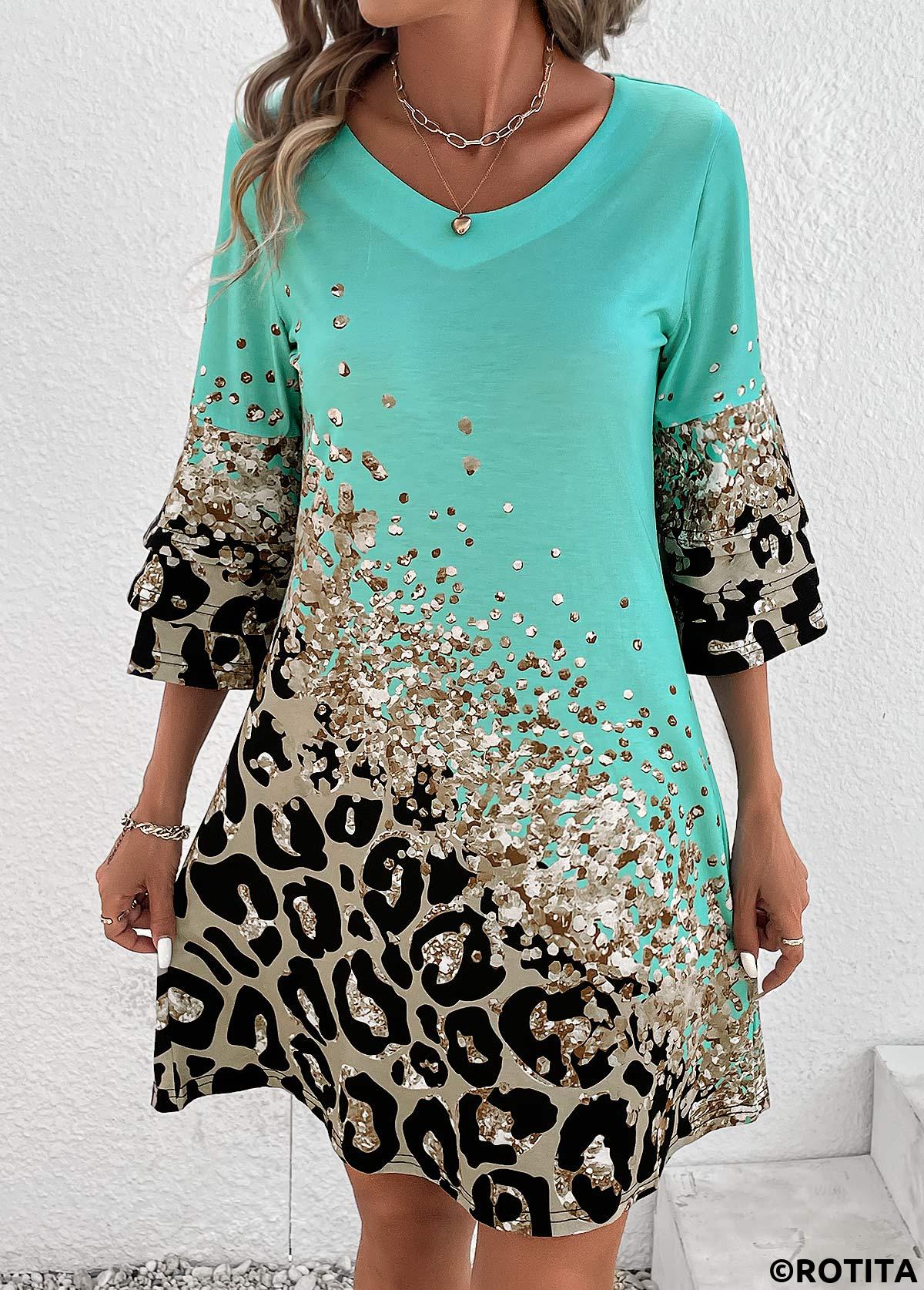 Cyan dresses,Leopard dresses,Animal Print dresses,Everyday dresses,Casual dresses,Printed Non-sequined Leopard Cyan Shift Dress