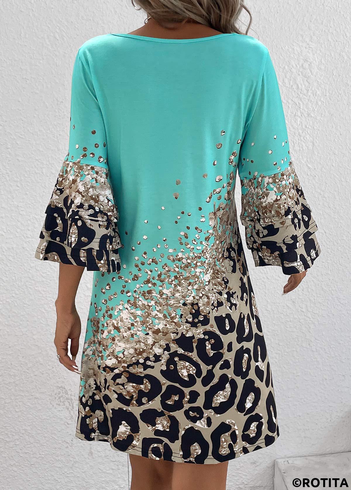 Cyan dresses,Leopard dresses,Animal Print dresses,Everyday dresses,Casual dresses,Printed Non-sequined Leopard Cyan Shift Dress