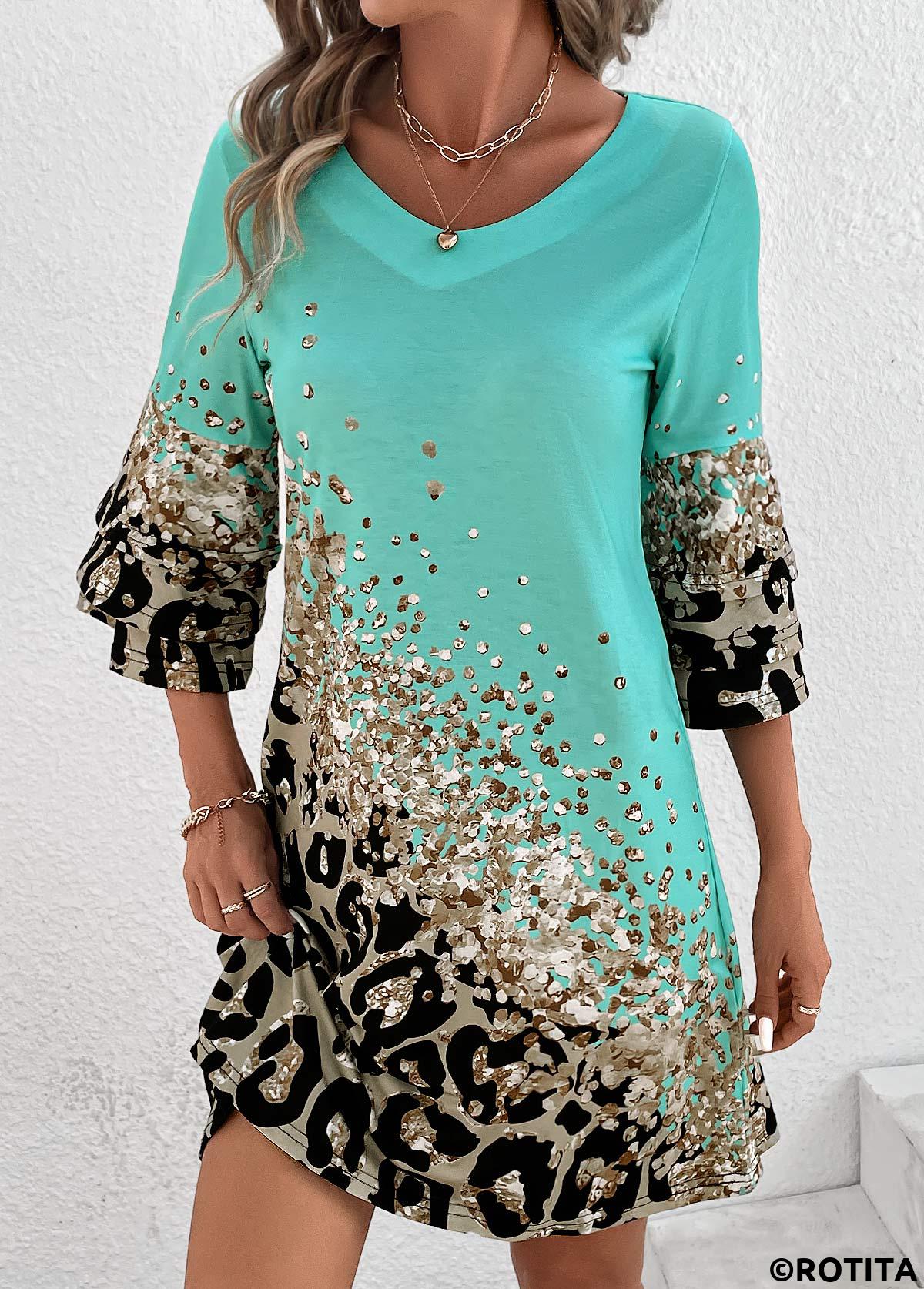 Cyan dresses,Leopard dresses,Animal Print dresses,Everyday dresses,Casual dresses,Printed Non-sequined Leopard Cyan Shift Dress