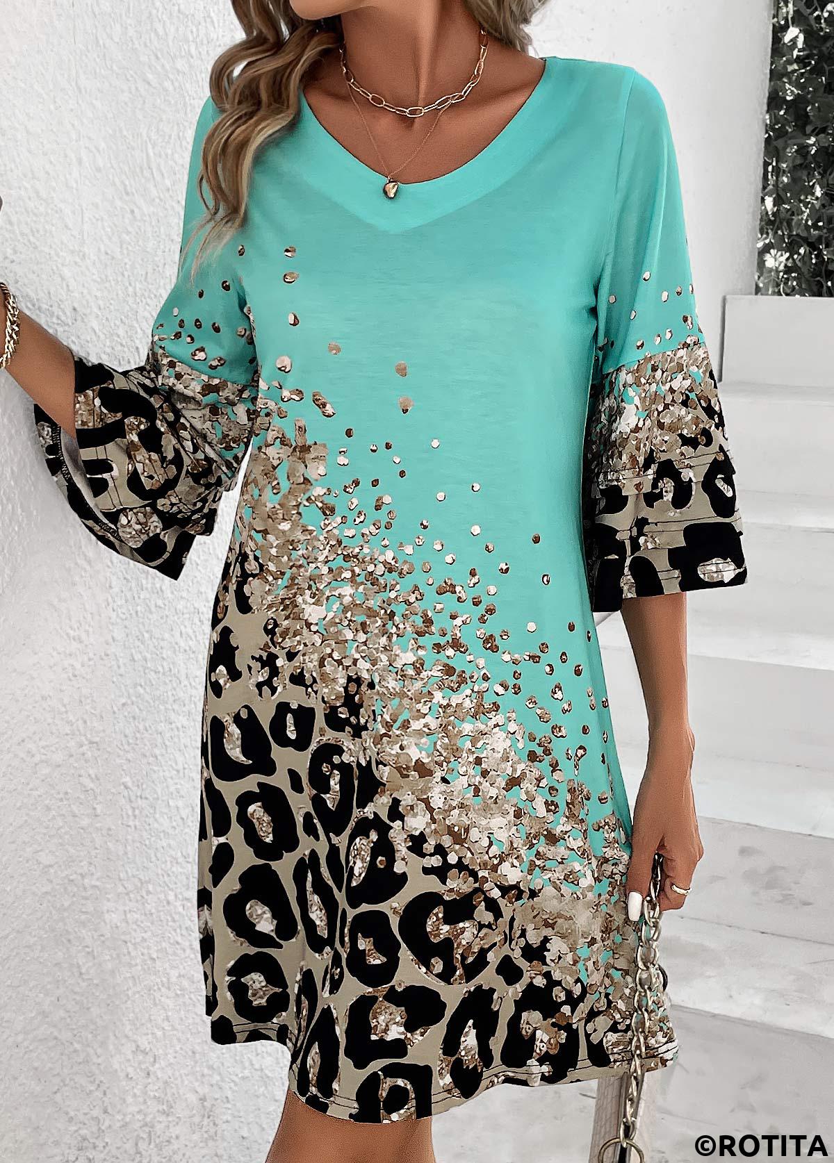 Cyan dresses,Leopard dresses,Animal Print dresses,Everyday dresses,Casual dresses,Printed Non-sequined Leopard Cyan Shift Dress