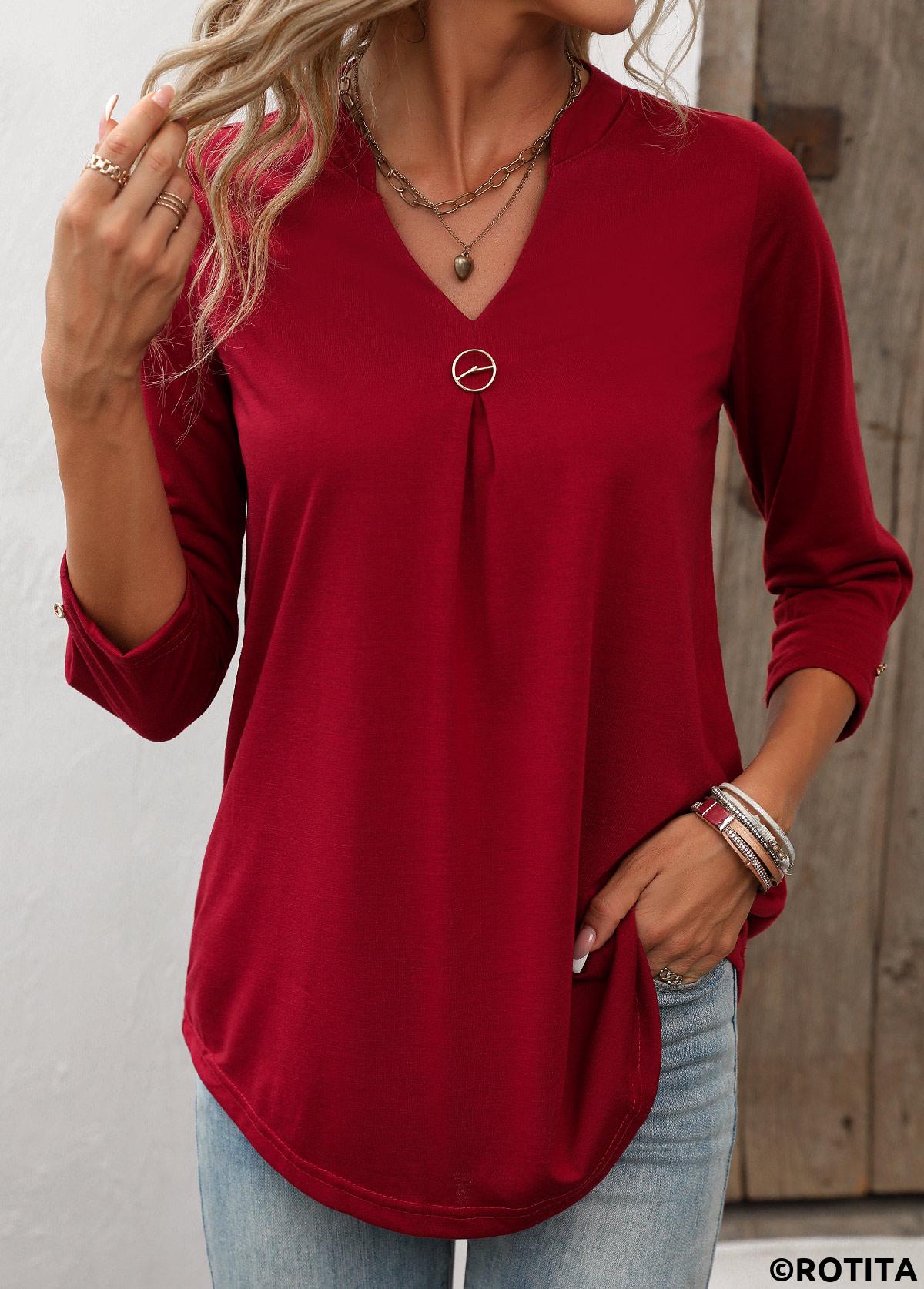 Wine Red tops,Plain Color tops,ROTITA Circular Ring Wine Red Split Neck T Shirt
