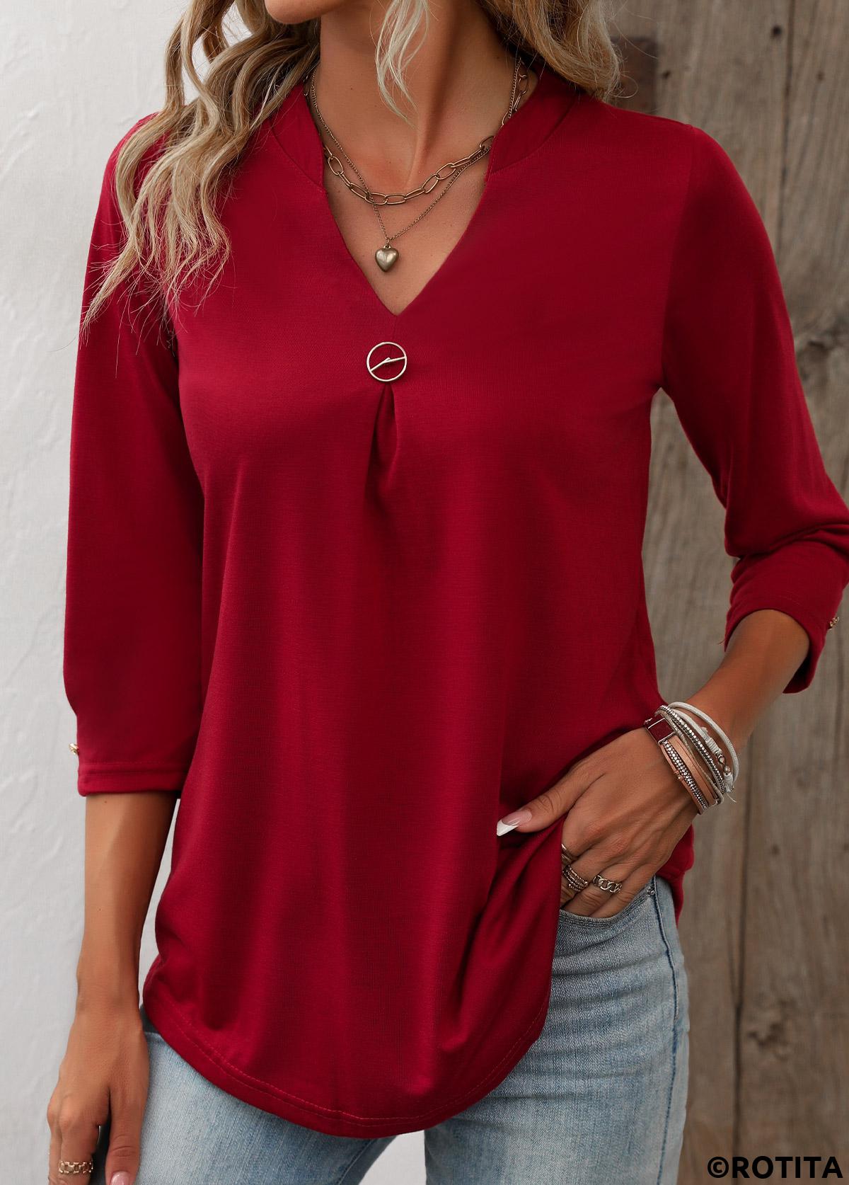 Wine Red tops,Plain Color tops,ROTITA Circular Ring Wine Red Split Neck T Shirt
