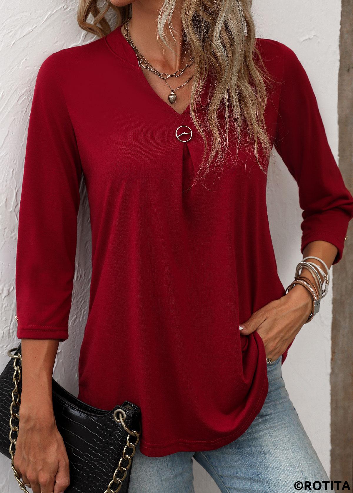 Wine Red tops,Plain Color tops,ROTITA Circular Ring Wine Red Split Neck T Shirt