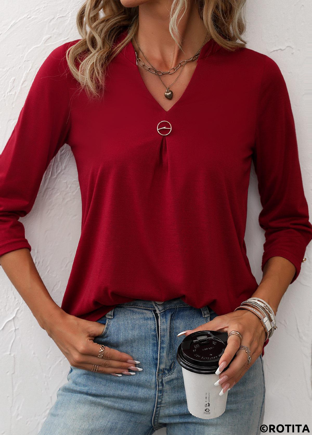 Wine Red tops,Plain Color tops,ROTITA Circular Ring Wine Red Split Neck T Shirt