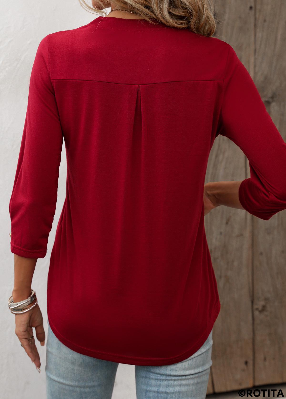 Wine Red tops,Plain Color tops,ROTITA Circular Ring Wine Red Split Neck T Shirt