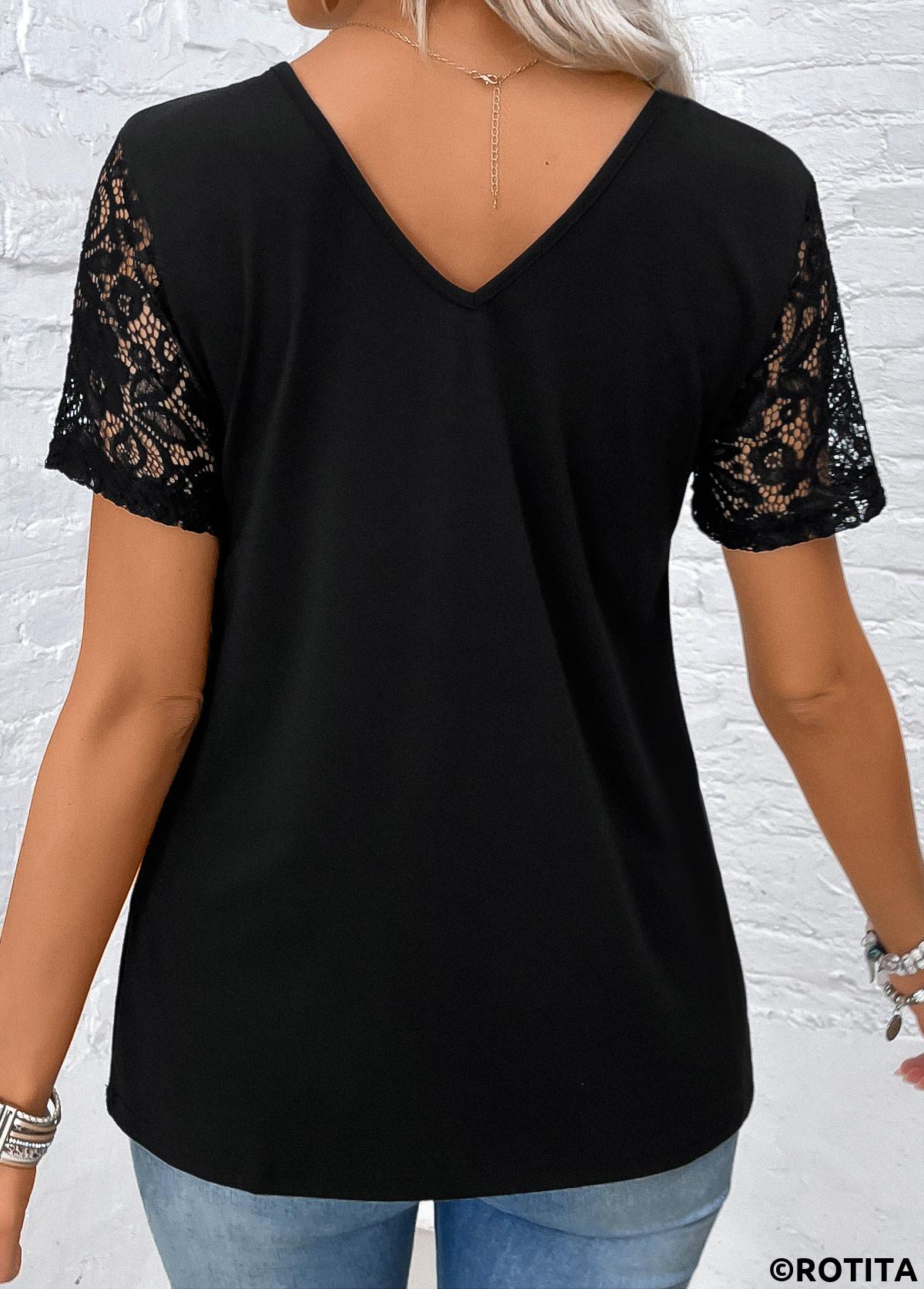 Black tops,Plain Color tops,ROTITA Lace Black V Neck Short Sleeve T Shirt
