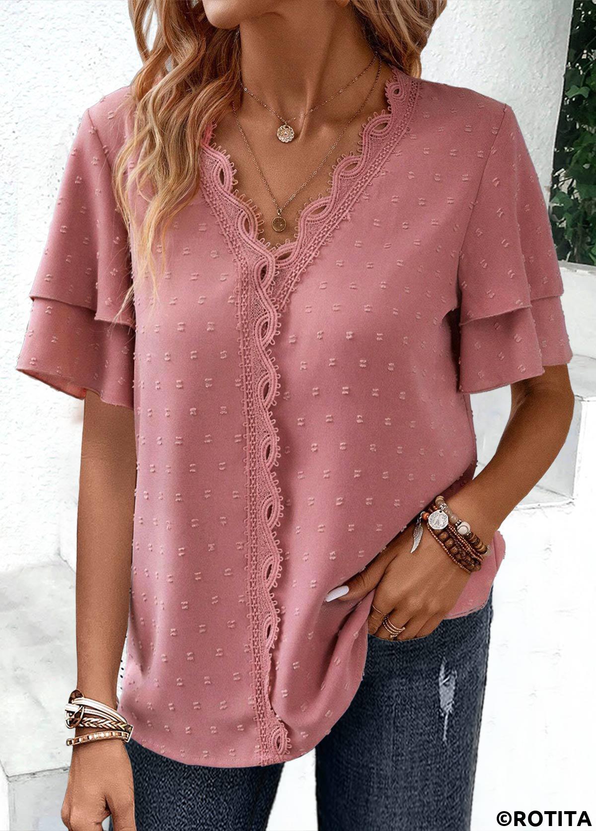 Pink tops,Plain Color tops,ROTITA Lace Pink V Neck Short Sleeve Blouse