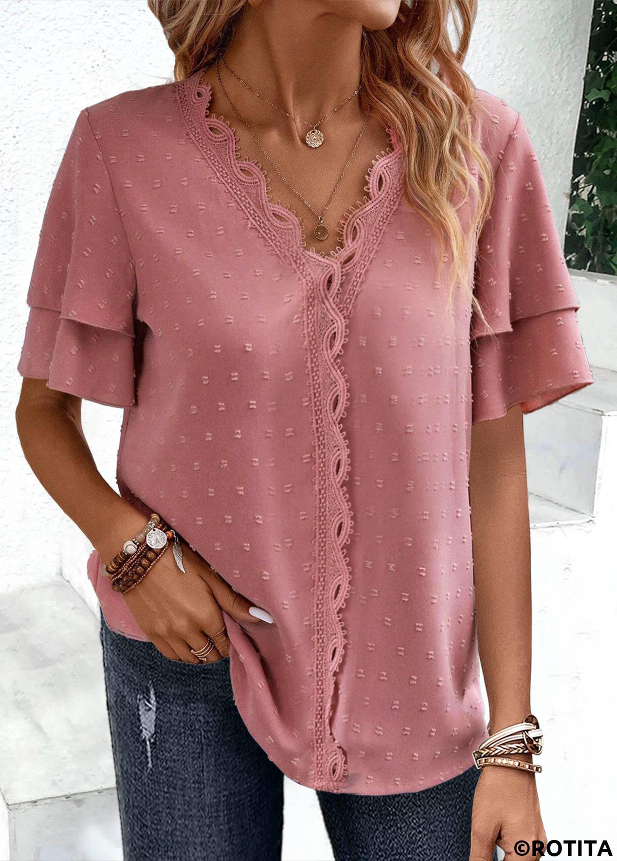 Pink tops,Plain Color tops,ROTITA Lace Pink V Neck Short Sleeve Blouse