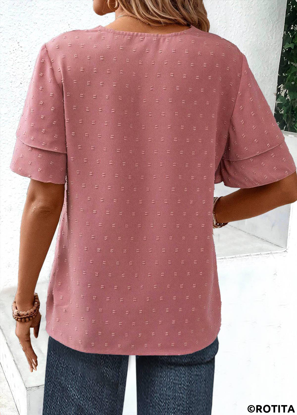 Pink tops,Plain Color tops,ROTITA Lace Pink V Neck Short Sleeve Blouse