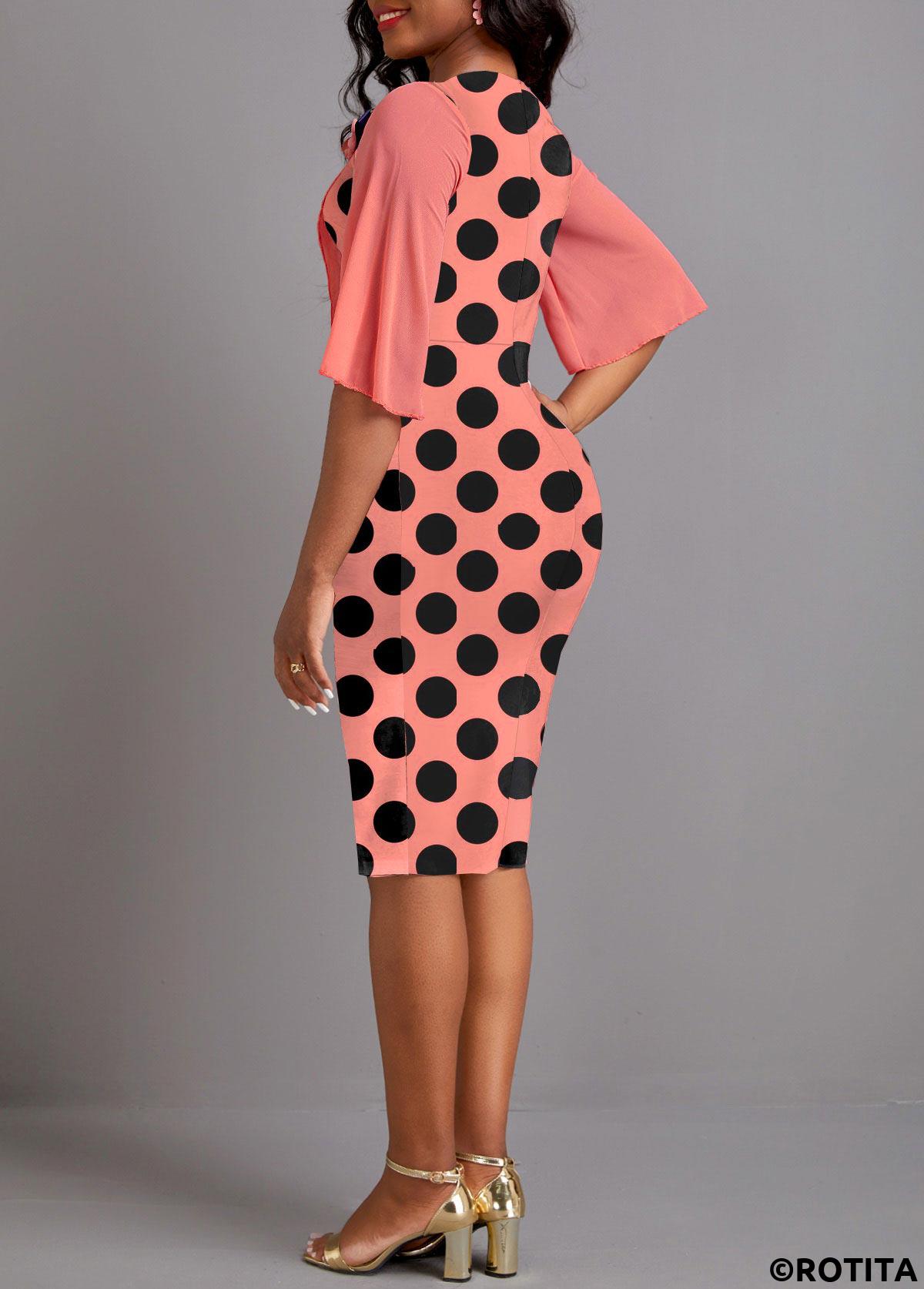 Coral dresses,Dot dresses,Party dresses,Elegant dresses,ROTITA Asymmetry Polka Dot Coral Round Neck Bodycon Dress