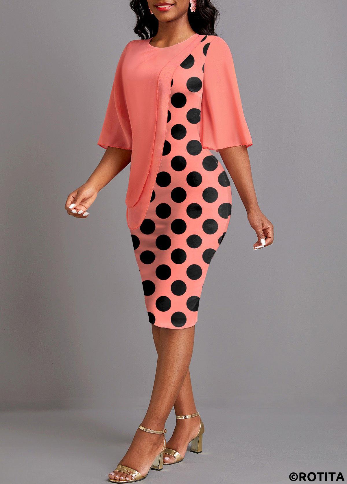 Coral dresses,Dot dresses,Party dresses,Elegant dresses,ROTITA Asymmetry Polka Dot Coral Round Neck Bodycon Dress