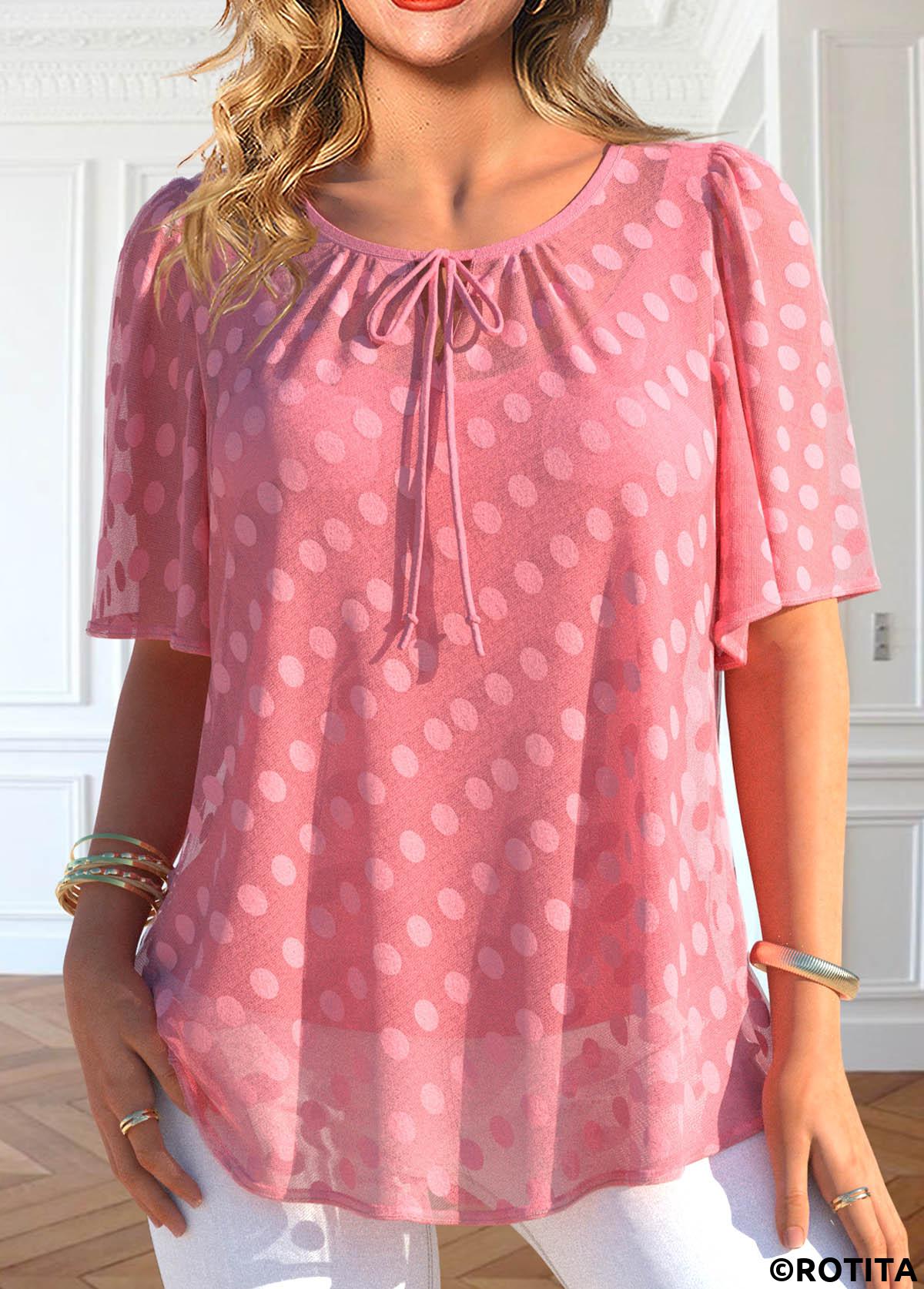 Peach Red tops,Plain Color tops,ROTITA Layered Peach Red Round Neck Short Sleeve Blouse