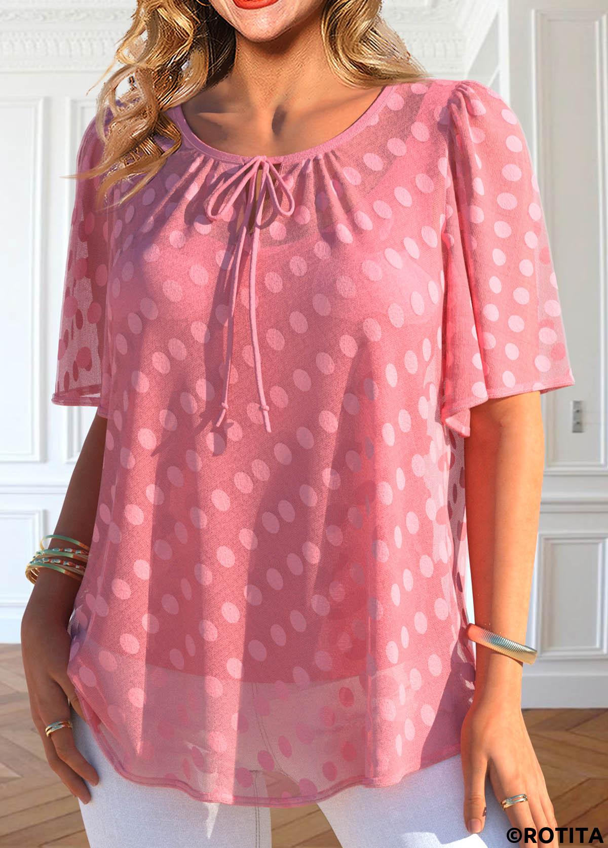 Peach Red tops,Plain Color tops,ROTITA Layered Peach Red Round Neck Short Sleeve Blouse