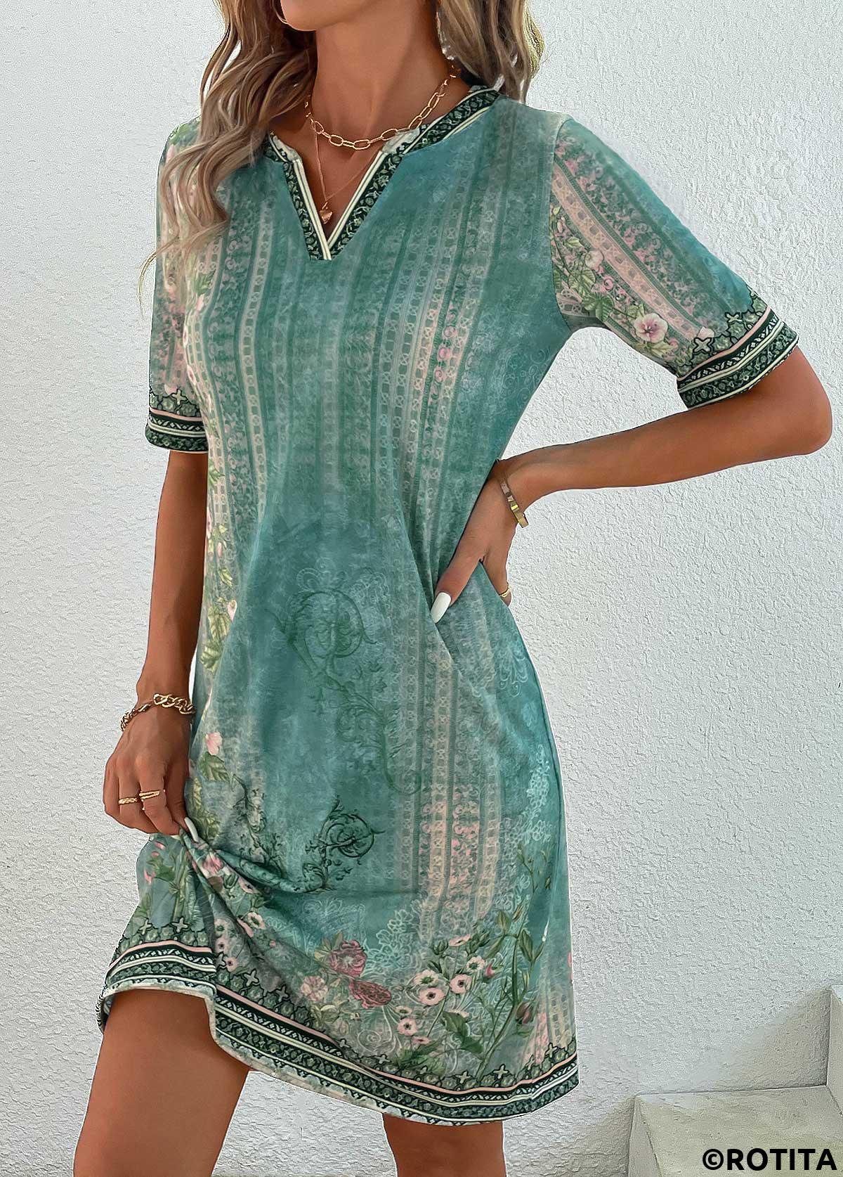 Green dresses,Floral dresses,Plants dresses,Geometric dresses,Striped dresses,Everyday dresses,Casual dresses,ROTITA Patchwork Floral Print Green Shift Dress