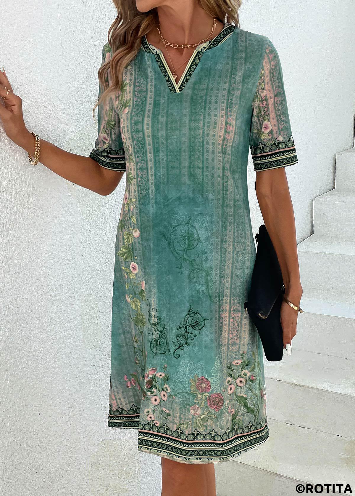 Green dresses,Floral dresses,Plants dresses,Geometric dresses,Striped dresses,Everyday dresses,Casual dresses,ROTITA Patchwork Floral Print Green Shift Dress