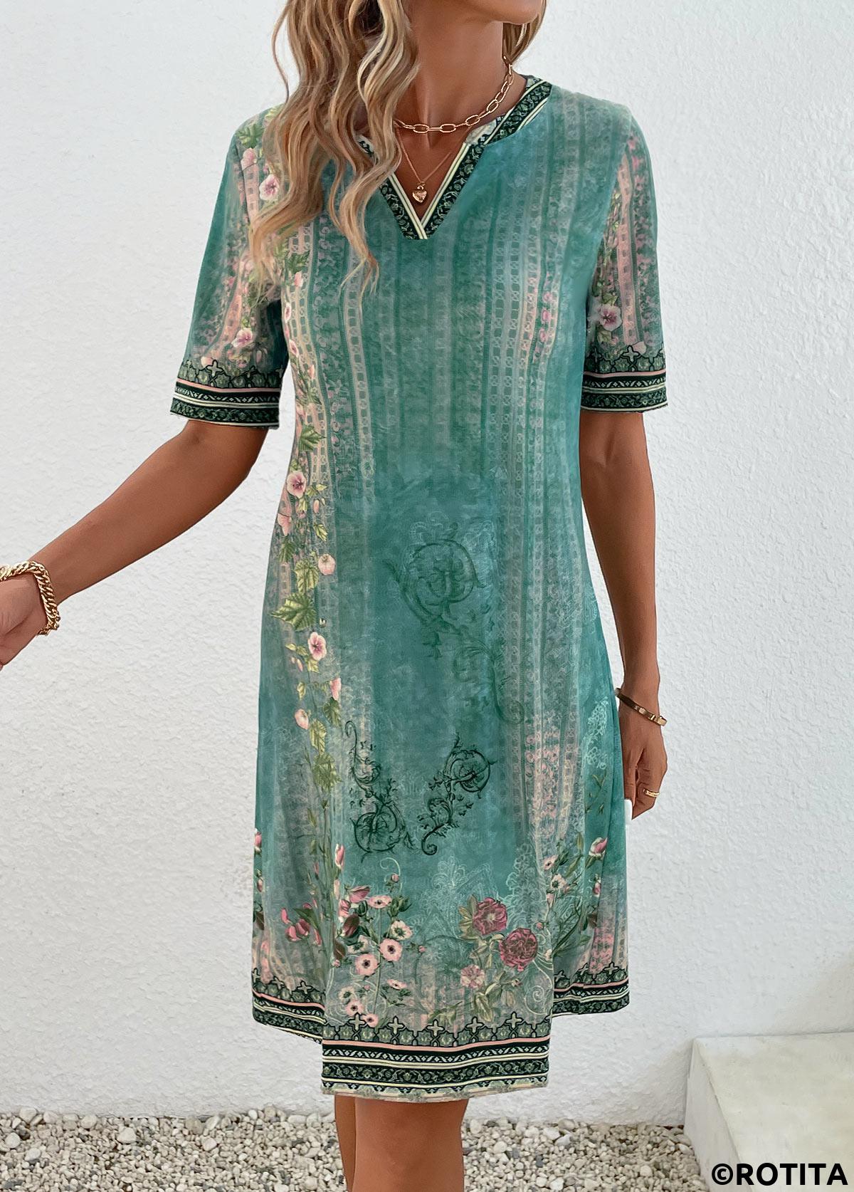 Green dresses,Floral dresses,Plants dresses,Geometric dresses,Striped dresses,Everyday dresses,Casual dresses,ROTITA Patchwork Floral Print Green Shift Dress