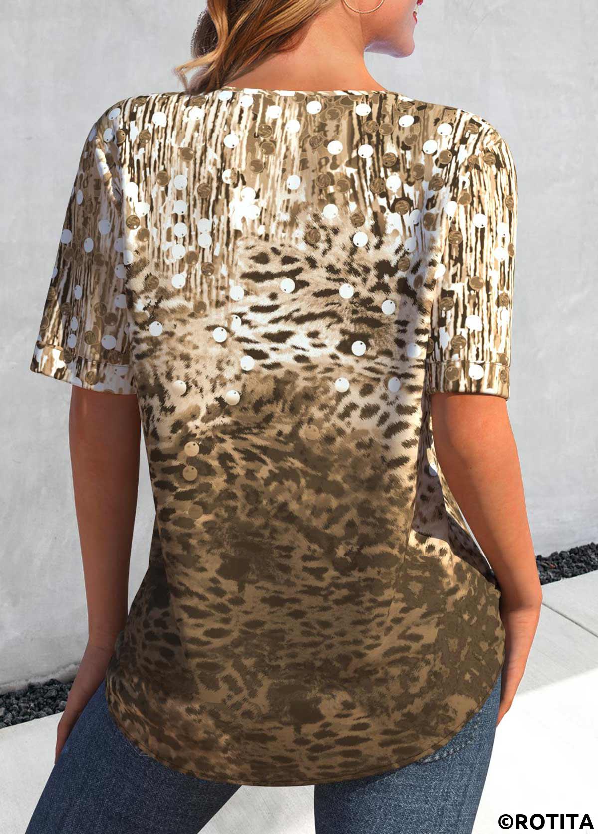 Light Camel tops,Dark Camel tops,Leopard tops,Ombre tops,ROTITA Button Leopard Light Camel Split Neck Blouse