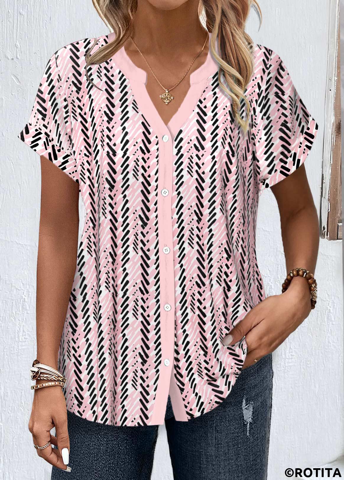 Light Pink tops,Black tops,Geometric tops,Striped tops,ROTITA Button Geometric Print Light Pink Split Neck Blouse
