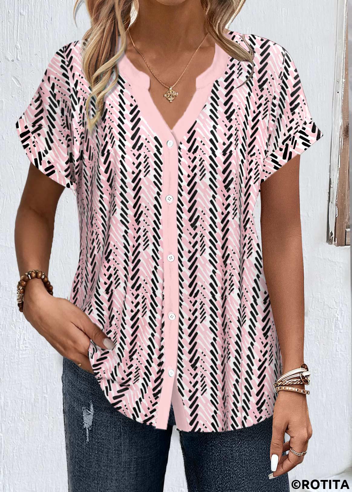 Light Pink tops,Black tops,Geometric tops,Striped tops,ROTITA Button Geometric Print Light Pink Split Neck Blouse