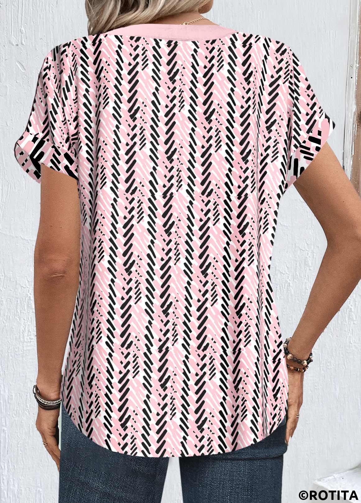 Light Pink tops,Black tops,Geometric tops,Striped tops,ROTITA Button Geometric Print Light Pink Split Neck Blouse