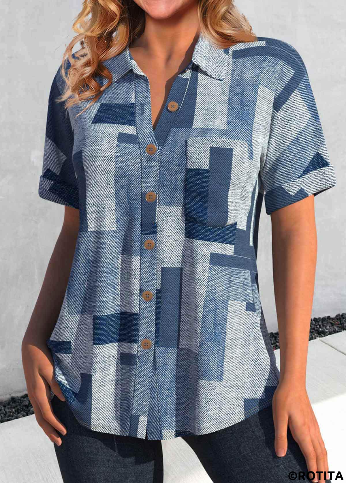 Denim Blue tops,Geometric tops,ROTITA Button Geometric Print Denim Blue Shirt Collar Blouse