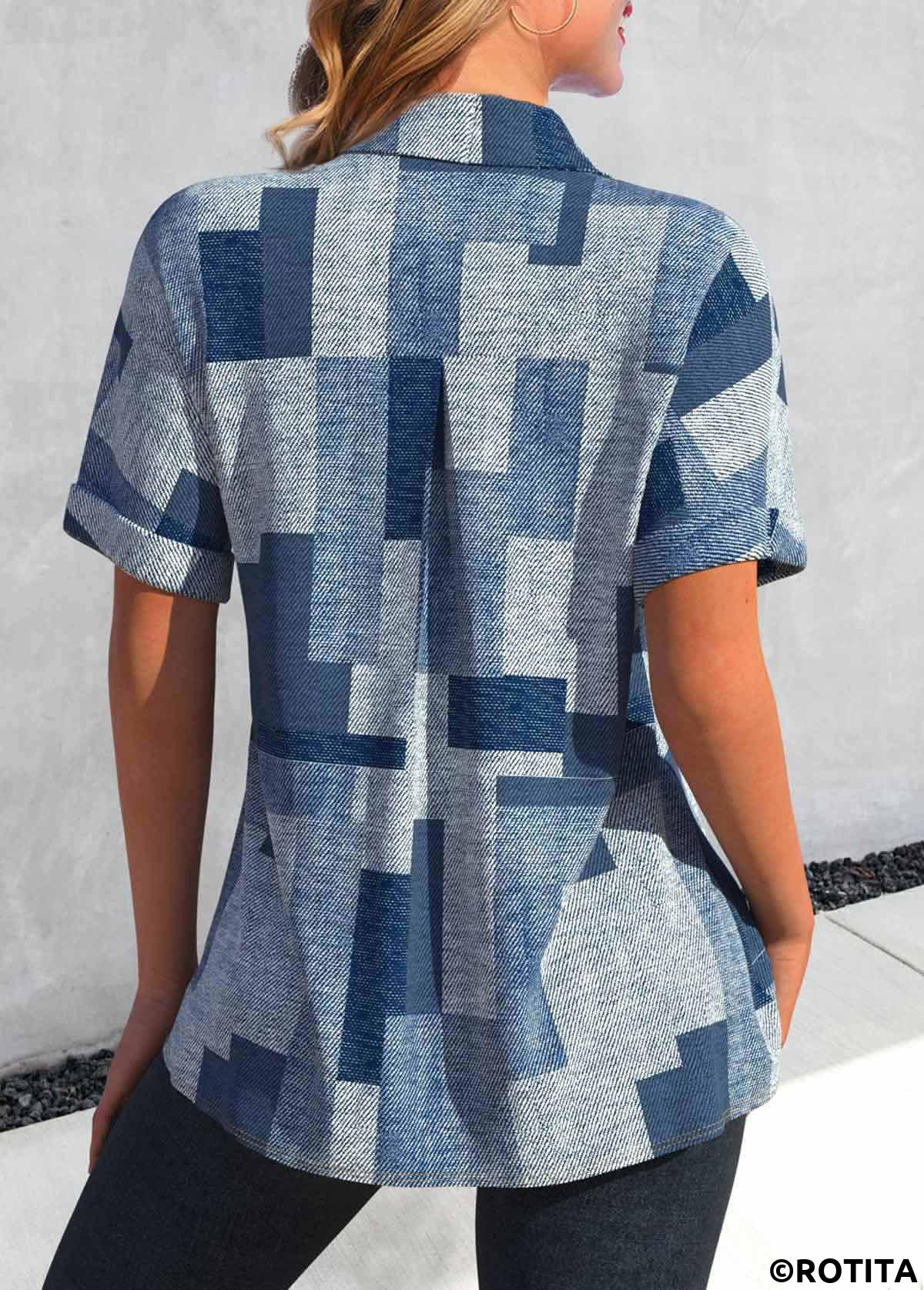 Denim Blue tops,Geometric tops,ROTITA Button Geometric Print Denim Blue Shirt Collar Blouse