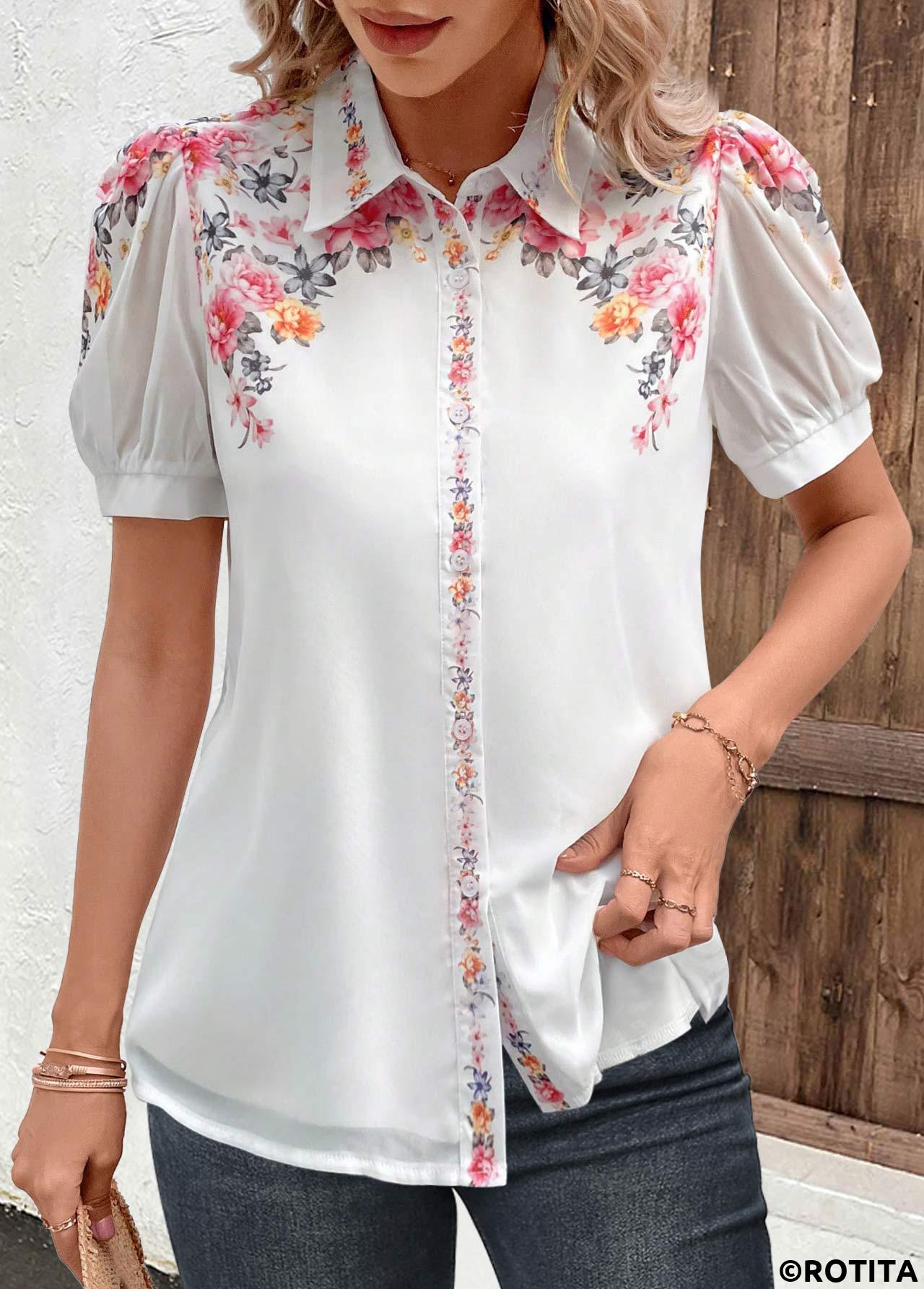 ROTITA Valentine's Day Button Floral Print White Shirt Collar Blouse