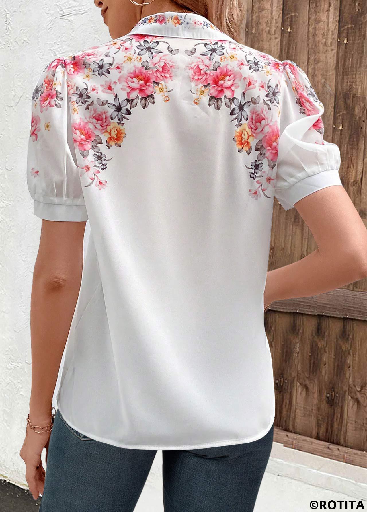 ROTITA Valentine's Day Button Floral Print White Shirt Collar Blouse