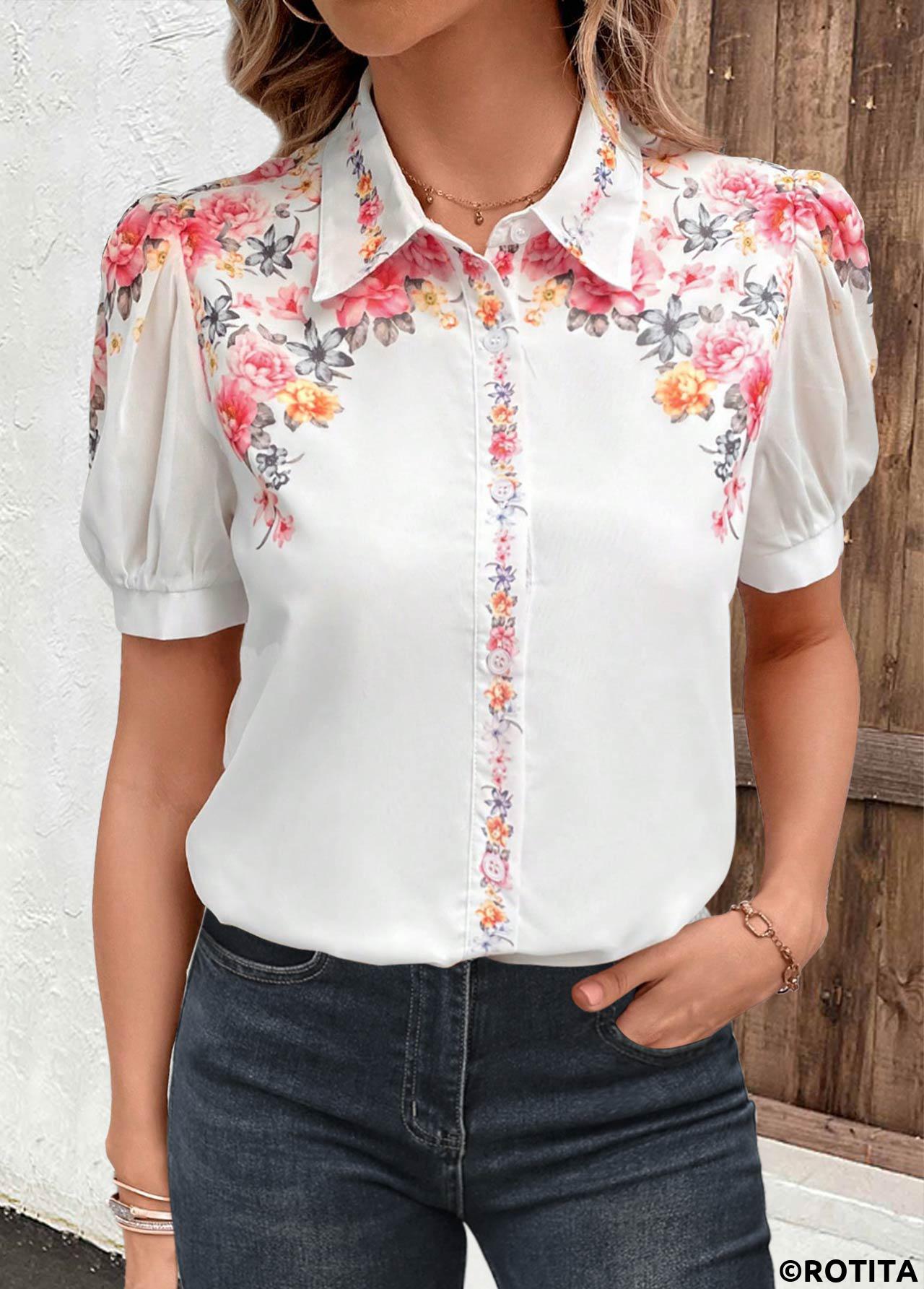ROTITA Valentine's Day Button Floral Print White Shirt Collar Blouse
