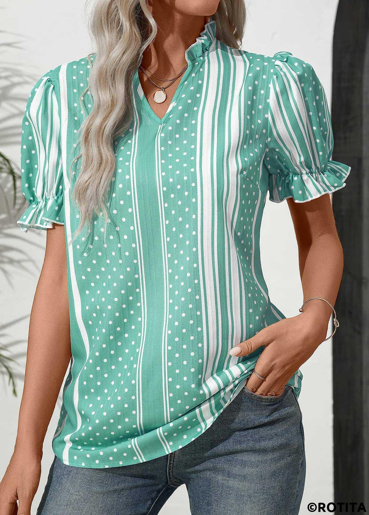 Mint Green tops,Striped tops,Dot tops,ROTITA Frill Striped Mint Green Split Neck Blouse