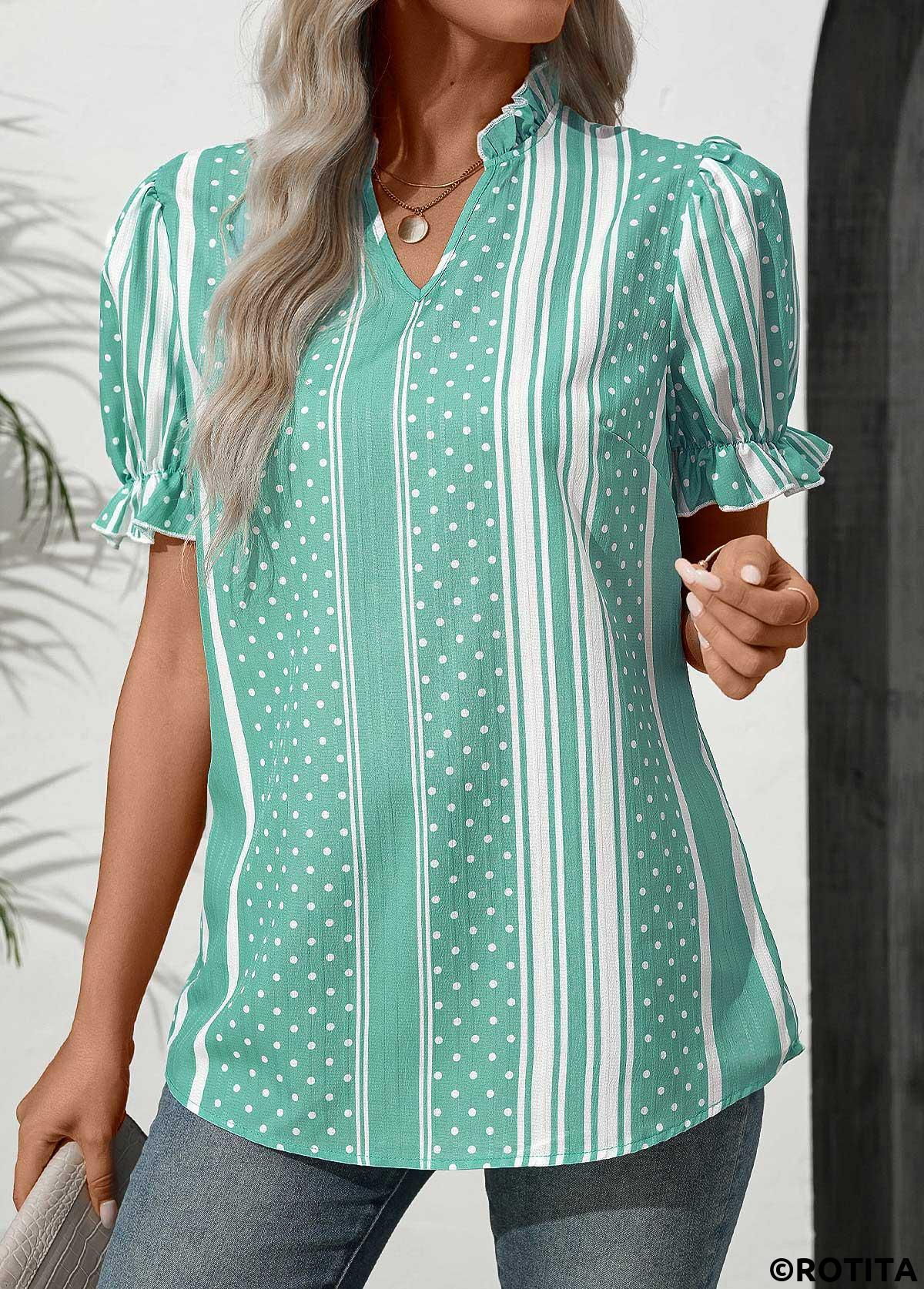 Mint Green tops,Striped tops,Dot tops,ROTITA Frill Striped Mint Green Split Neck Blouse