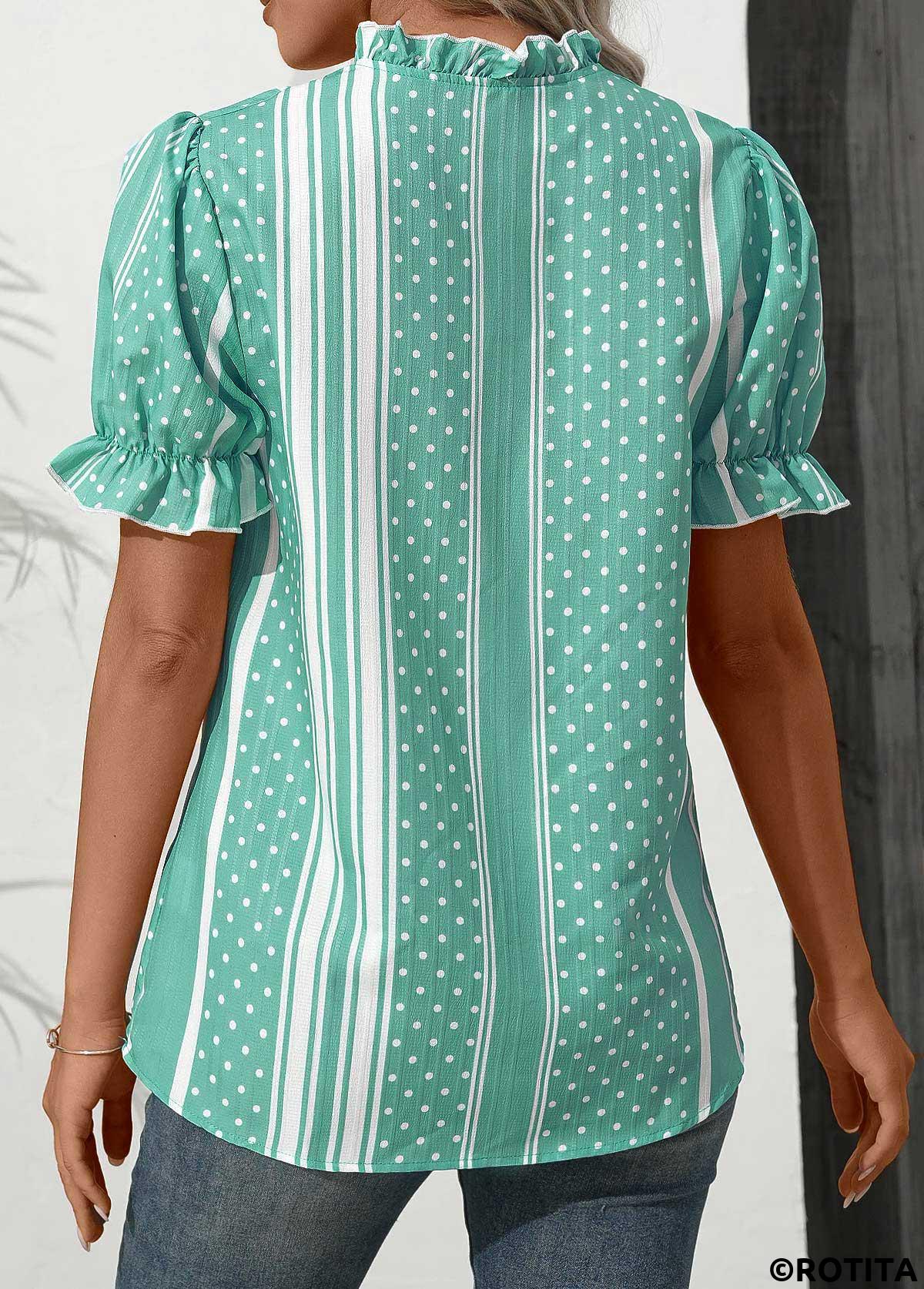 Mint Green tops,Striped tops,Dot tops,ROTITA Frill Striped Mint Green Split Neck Blouse