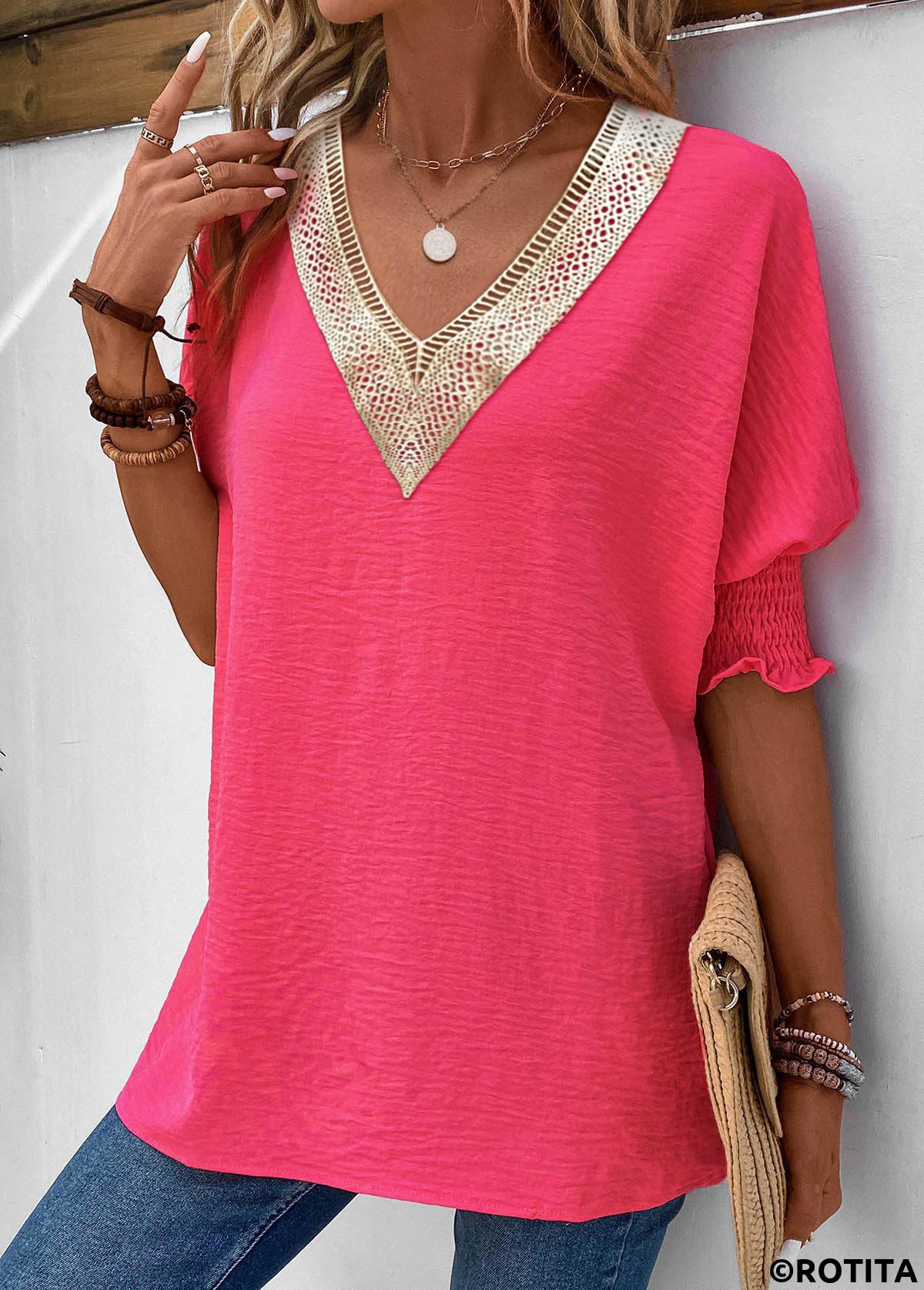 Hot Pink tops,Plain Color tops,ROTITA Smocked Hot Pink V Neck T Shirt