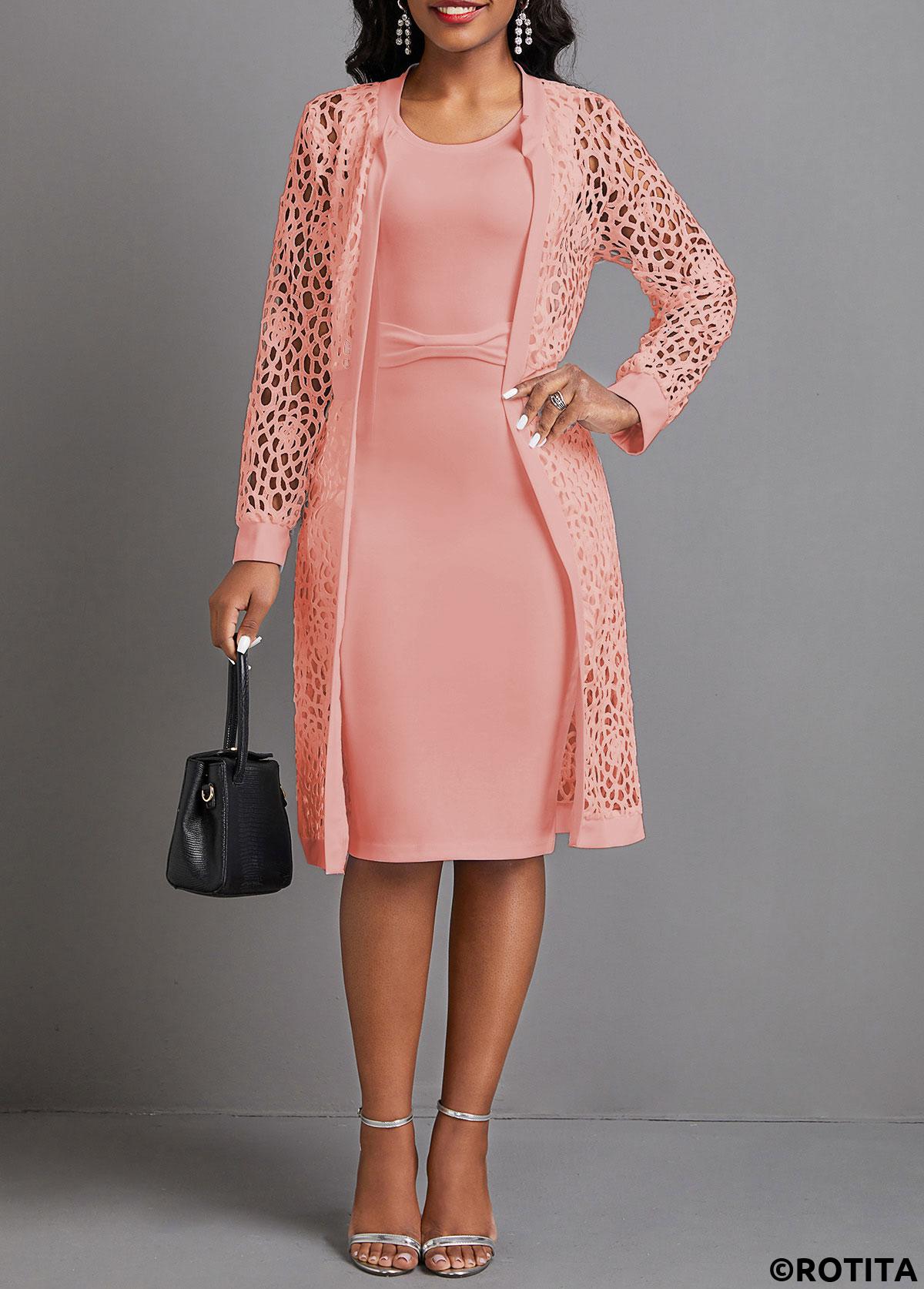 Pink dresses,Plain Color dresses,Party dresses,Elegant dresses,ROTITA Two Piece Pink Round Neck Long Sleeve Dress and Cardigan