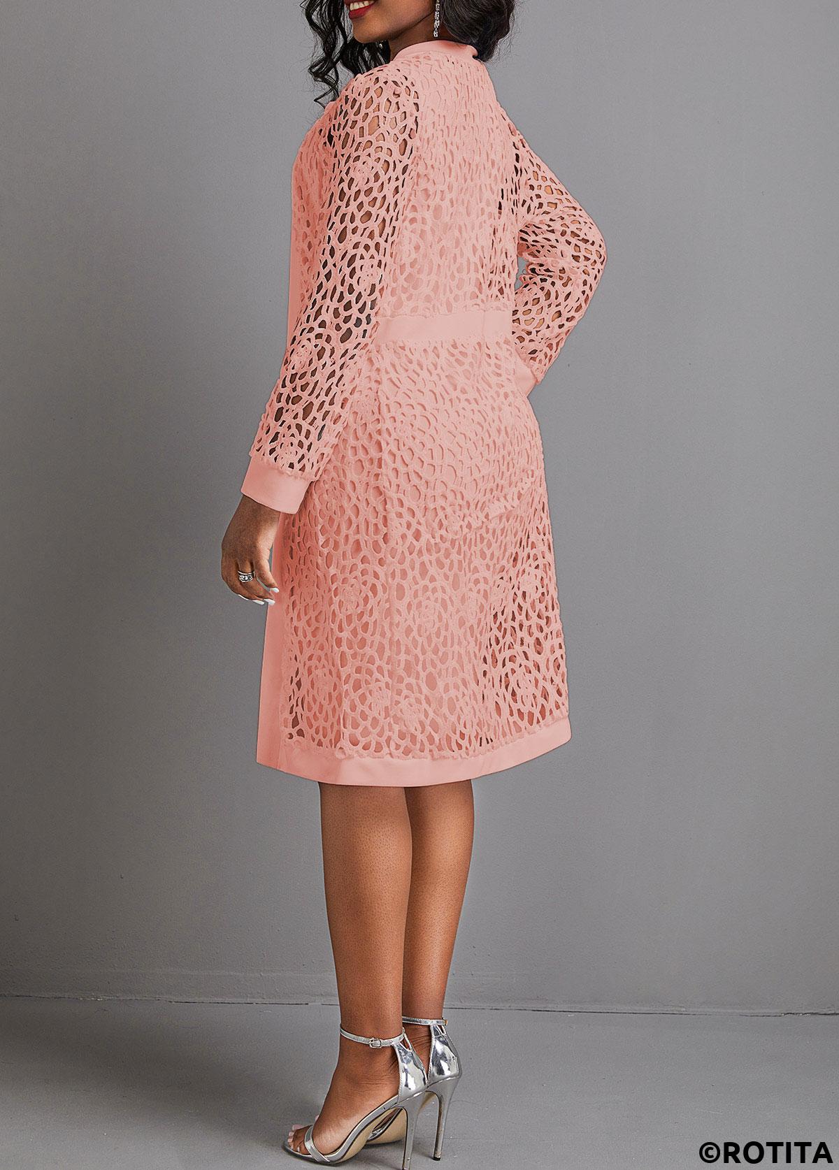 Pink dresses,Plain Color dresses,Party dresses,Elegant dresses,ROTITA Two Piece Pink Round Neck Long Sleeve Dress and Cardigan