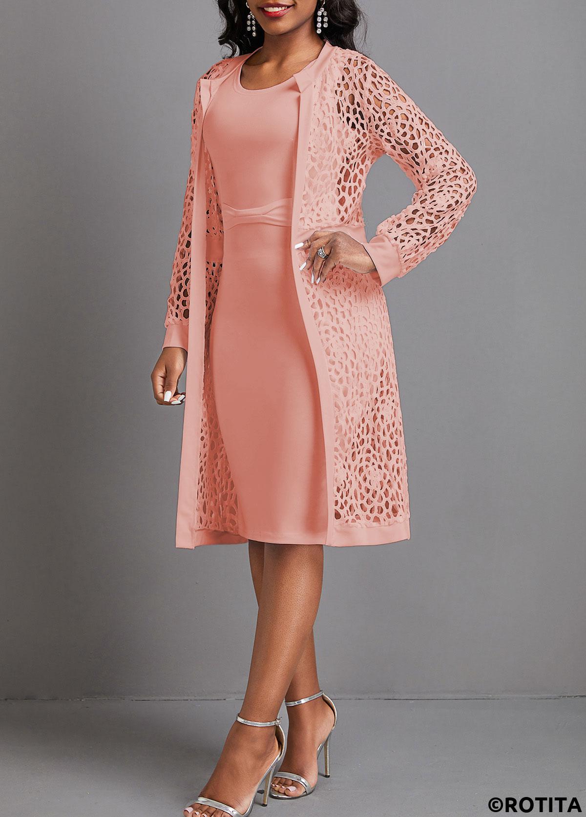 Pink dresses,Plain Color dresses,Party dresses,Elegant dresses,ROTITA Two Piece Pink Round Neck Long Sleeve Dress and Cardigan