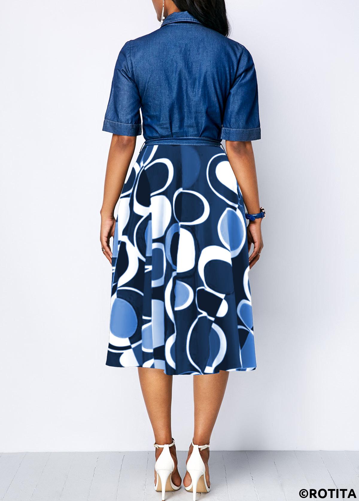Denim Blue dresses,Geometric dresses,Striped dresses,Party dresses,Elegant dresses,ROTITA Circular Ring Geometric Print Denim Blue Belted Dress